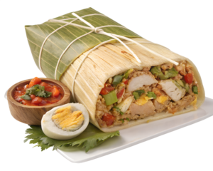 Photorealistic image of large tamal tolimense unwrapped, showing pork, chicken, egg, and vegetables, isolated on transparent background.