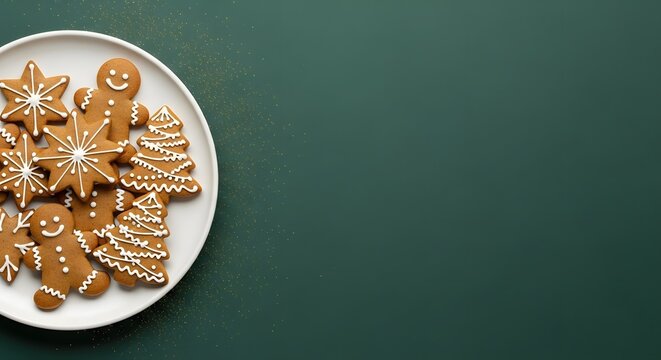 Festive holiday background with decorated gingerbread cookies