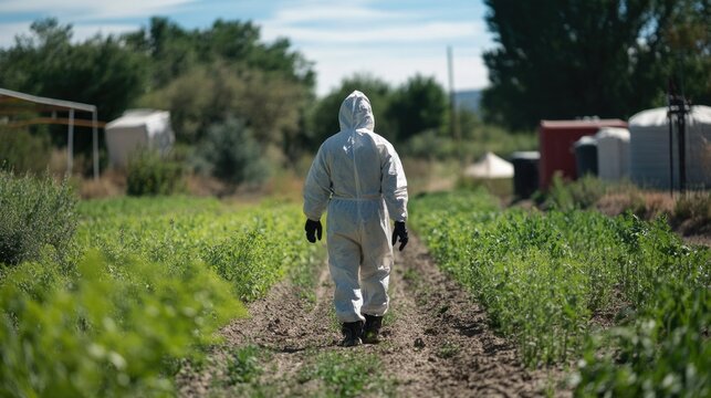 A person in protective gear inspects a field for pest control, highlighting farm biocontrol practices