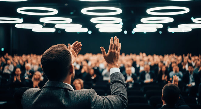 Audience Member Applauding at Business Conference or Live Event with Hands Raised and Stage Lights