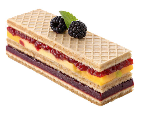 Photorealistic image of oblea with arequipe, cheese, and blackberry jam, thin wafer sandwich, colorful layers, transparent background.