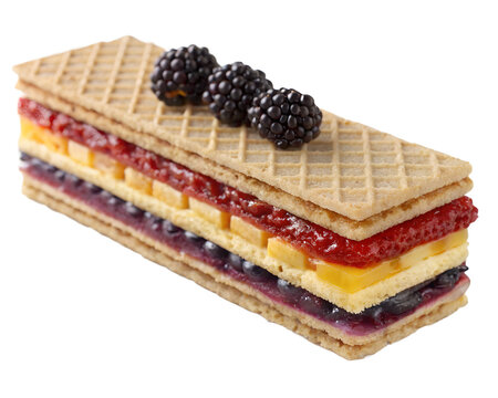 Photorealistic image of oblea with arequipe, cheese, and blackberry jam, thin wafer sandwich, colorful layers, transparent background.