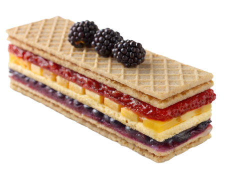 Photorealistic image of oblea with arequipe, cheese, and blackberry jam, thin wafer sandwich, colorful layers, transparent background.