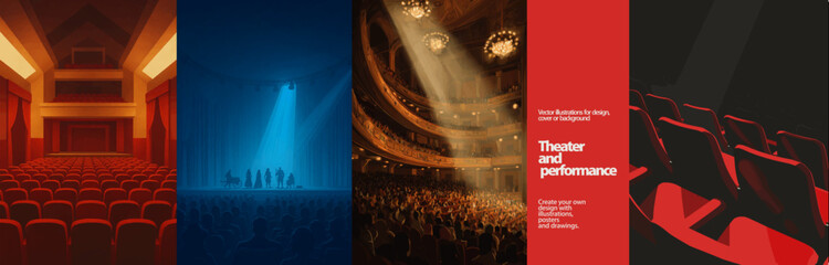 Atmospheric theater vector set featuring grand auditoriums, dramatic stage lighting, performers, and empty red seats. Perfect for performance posters, cultural events, show promotions, and stage desig