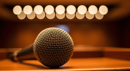 Close-up of Microphone Lying on Stage Ready for Public Speaking, Conference, or Performance with Warm Bokeh Lights