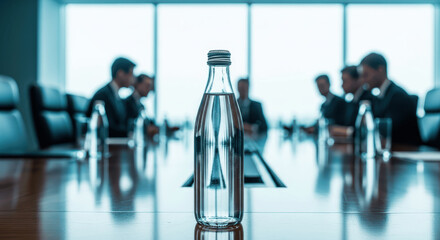 Water Bottle on Conference Table with Blurred Business Meeting Silhouettes in Modern Office Window View
