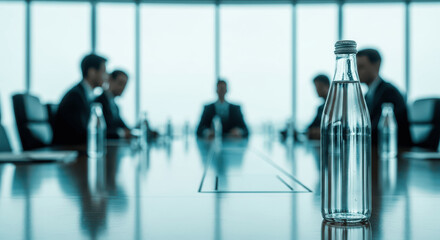 Water Bottle on Conference Table with Blurred Business Meeting Silhouettes in Modern Office Window View