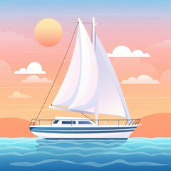 Fototapeta premium Sailboat gliding on calm waters under a colorful sunset sky with soft clouds.