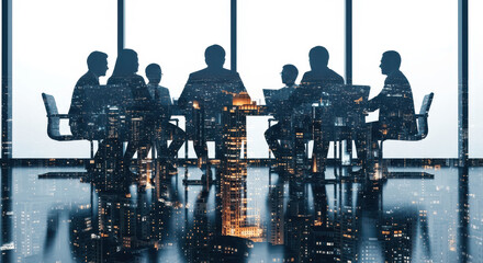 Double Exposure of Business Team Meeting Silhouette and Illuminated Night Cityscape for Corporate Strategy and Global Business