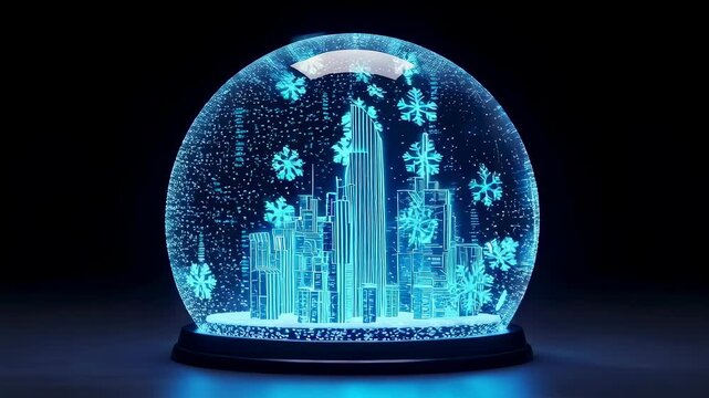 Illuminated city skyline with falling snowflakes inside glowing glass snow globe, digital winter decoration for Christmas and New Year.