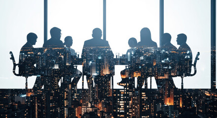 Double Exposure of Business Team Meeting Silhouette and Illuminated Night Cityscape for Corporate Strategy and Global Business