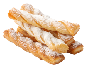 Photorealistic image of twisted hojuelas (fried pastry strips) lightly dusted with powdered sugar, isolated on transparent background.