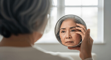 Senior Woman Looking Closely into Hand Mirror, Touching Face and Examining Wrinkles or Skin Concern