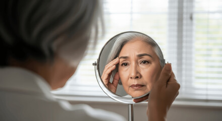 Senior Woman Looking Closely into Hand Mirror, Touching Face and Examining Wrinkles or Skin Concern