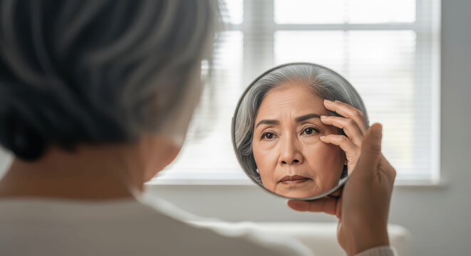 Senior Woman Looking Closely into Hand Mirror, Touching Face and Examining Wrinkles or Skin Concern