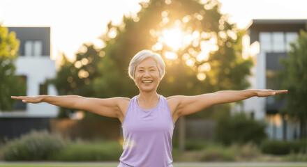 Happy Senior Asian Woman Exercising Outdoors with Arms Stretched Under Warm Golden Sunset