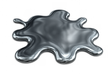 Molten silver metal liquid splash forming a shiny puddling surface, abstract chrome material pouring down on transparent background