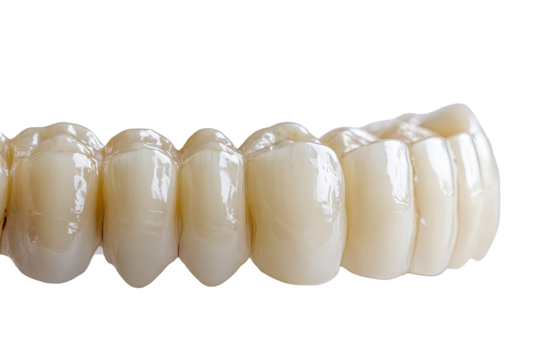 Close-up of a dental prosthesis.  A row of fabricated teeth, light beige, glossy, and smooth, are arranged horizontally.  The teeth appear realistic in form and texture