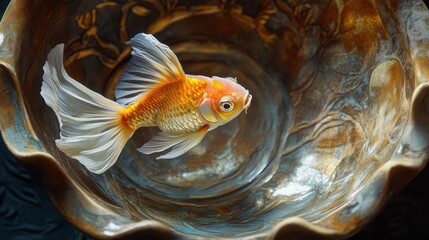 Two vibrant goldfish swimming gracefully in a decorative ceramic bowl, showcasing aquatic beauty and a tranquil, ornamental setting.