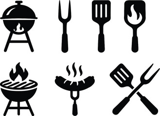 Grilling and Barbecue Icon Set , Grill Icons , Barbecue Symbols – Black Silhouettes of Charcoal Grill, Spatula, Meat Fork, Sausage, Flames, and Cookout Tools for Culinary and Outdoor Projects