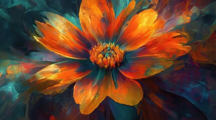 Vibrant Abstract Floral Artwork: Swirling Petal Design in Purple, Blue, and Orange Gradient, Modern Art Print, Digital Illustration.