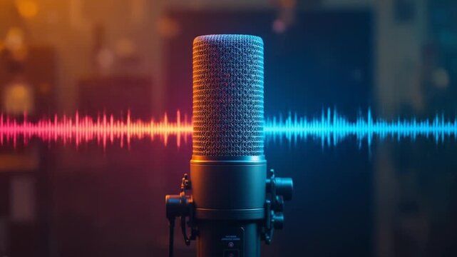 Audio Recording Microphone with Sound Waves Visualizes Speech and Music. 4k video