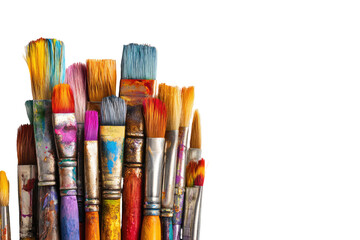 Close-up of a cluster of used paintbrushes in various colors