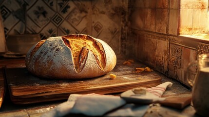 Rustic Artisan Bread Loaf Freshly Baked in Stone Oven, Golden Crust, Warm Kitchen, Food Photography, Baking Concept.