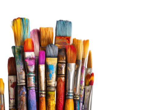 Close-up of a cluster of used paintbrushes in various colors
