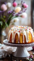 Classic Vanilla Cake with White Glaze on Cake Stand, Rustic Dessert Photography, Baking, Food Still Life, Sweet Treat.