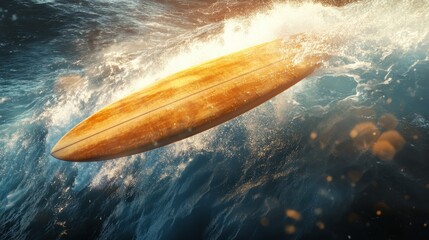 Golden Hour Surf: Warm-toned surfboard resting on wet sand reflecting vibrant sunset light, tranquil coastal scene, perfect for travel and lifestyle imagery.