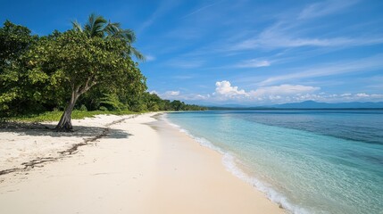 Serene Tropical Beachscape: Golden Sand, Turquoise Waters, and Lush Greenery under a Bright Blue Sky, Peaceful Coastal Paradise.