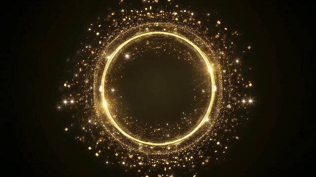 A shimmering golden ring formed by sparkling particles with bright lights moving on a dark background.