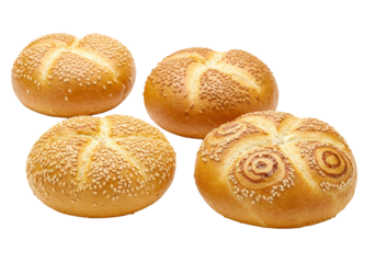 Four warm, golden-brown artisan bread rolls, including sesame bun and distinct Kaiser styles, expertly arranged on a transparent background with ample copy space. Concept for bakery advertising