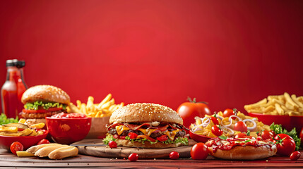 Assorted burgers, fries, and fast food served on a wooden table with a red background, front-view shot. Restaurant ads, menu designs, banners, delivery promotions.