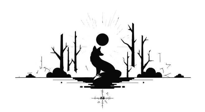 Mystical fox silhouette under a full moon in a stark, abstract forest setting.