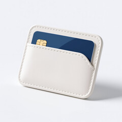 A minimalist illustration of a white card holder with a blue credit card, symbolizing financial transactions and modern payment methods, set against a clean white background.