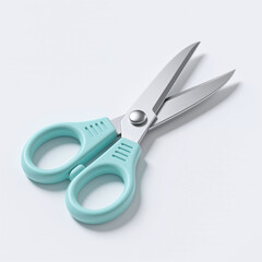 A pair of scissors with teal handles and silver blades on a white background, symbolizing precision and creativity, commonly used for cutting various materials.