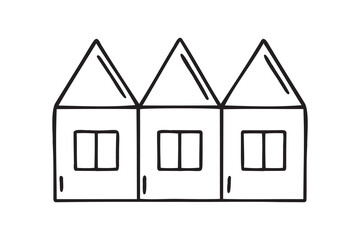 Doodle cute kids house hand drawn outline element. three houses in a row sketch build line drawing clipart symbol