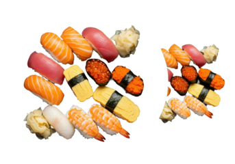Three distinct Japanese sushi platters on matte black dishes, showcasing salmon, tuna, shrimp, roe, cucumber, tamago, on a transparent background with negative space. Concept of high-end Japanese