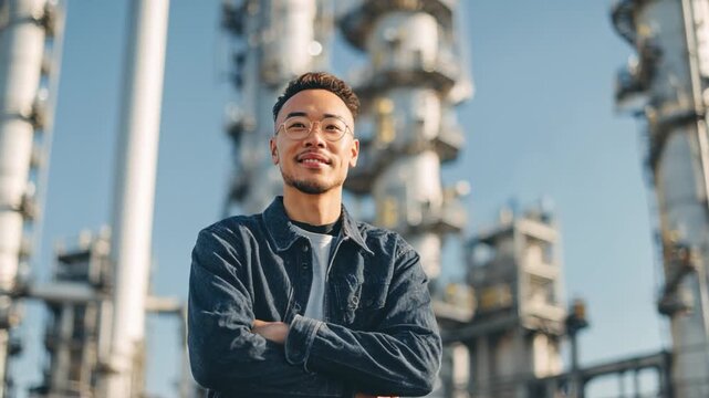 A Determined Vision: A focused individual confidently poses amidst the complex industrial architecture, exuding expertise and ambition within an intricate industrial setting.