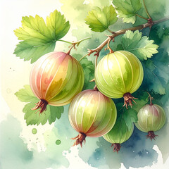 Watercolor Gooseberries in Fresh Green Botanical Style