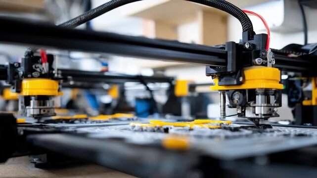 Closeup of a 3D printer fabricating flexible components with intricate details for flexographic printing machinery in an industrial workshop setting.