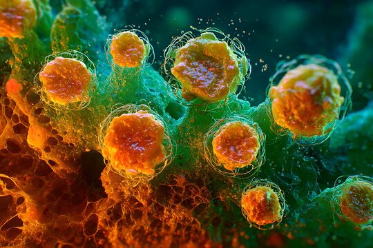 Microscopic view of virus cells infection disease pandemic medical research and science illustration - Powered by Adobe