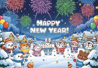 Happy New Year Party Illustration: Cute Winter Animals and Fireworks Scene