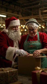 Santa Claus and Mrs. Claus joyfully prepare a cardboard gift box together in a festive workshop adorned with warm string lights, surrounded by wrapped presents.