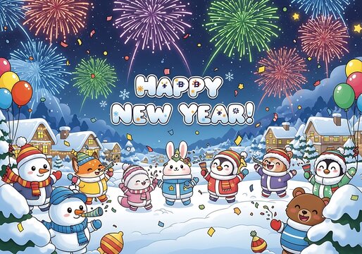 Happy New Year Party Illustration: Cute Winter Animals and Fireworks Scene