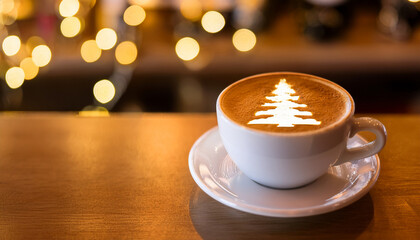 A warm cup of cappuccino with a Christmas tree latte art design, set on a wooden table with golden festive bokeh lights in the background.