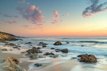 Sunset over rocky coastline