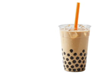 A clear plastic cup with creamy milk tea, dark tapioca pearls, clear ice, and an orange straw, isolated on a minimalist white background with copy space, Concept for beverage advertising